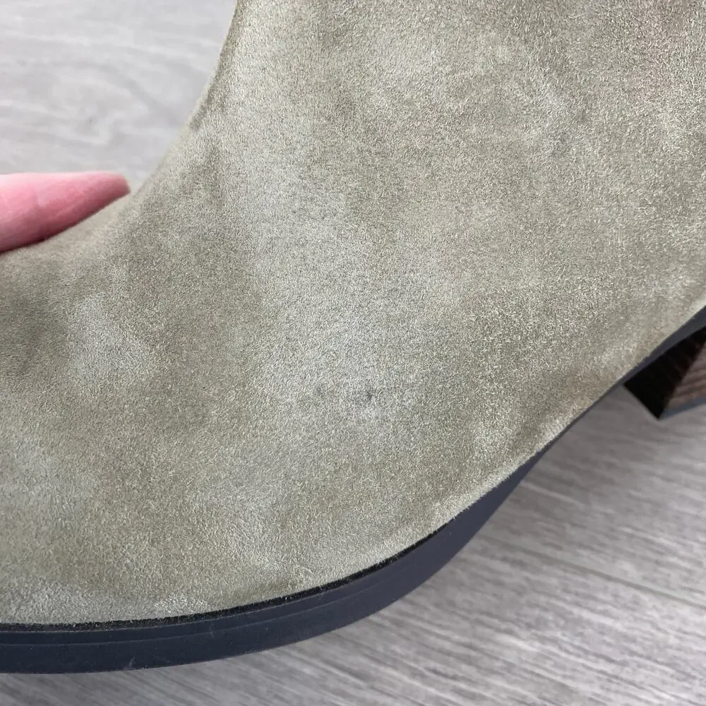 Vionic Stone Tan Gray Suede Cecily Waterproof Block Heel Booties Sz.8.5